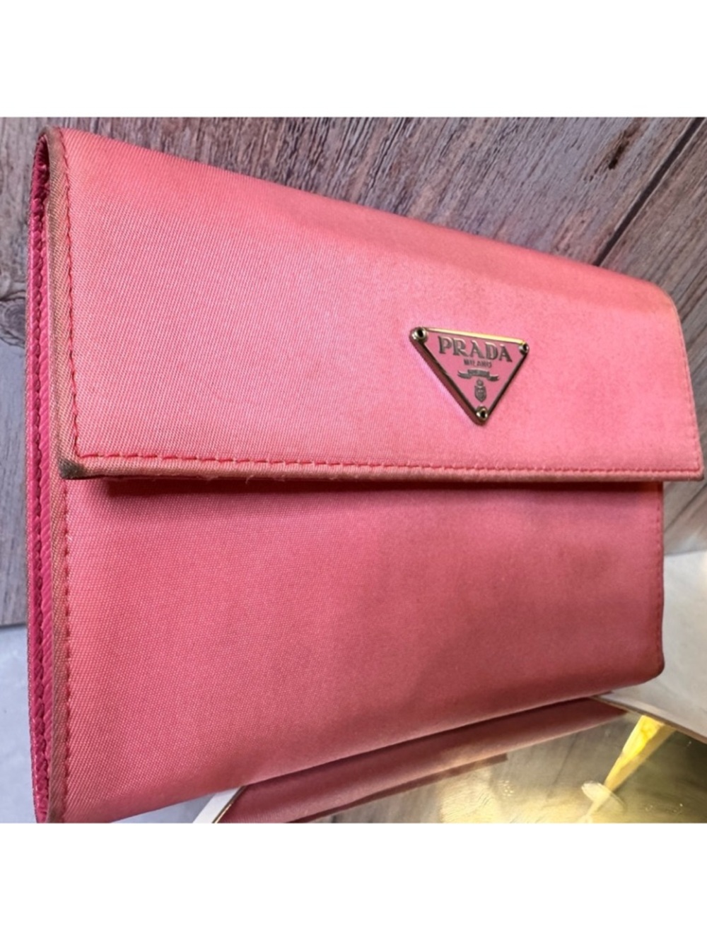 Prada Pink Satin Clutch with Gold Triangle Logo and coin pouch - Picture 6 of 16